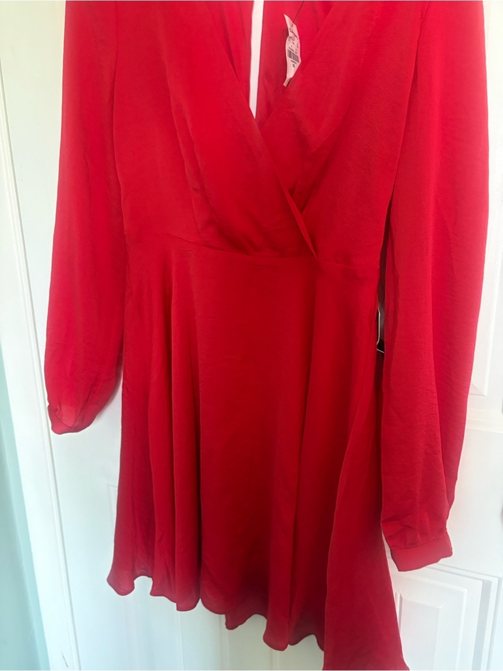 Red Romantic Faux Wrap Dress Date Night Elegant Satin Like Mini Dress NWT XS - Picture 8 of 9